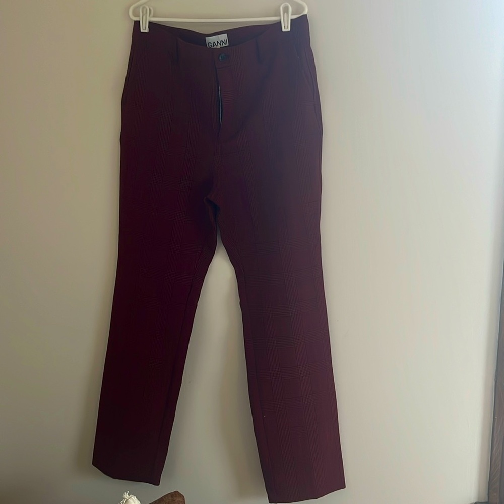 GANNI, red and black plaid boot cut pants